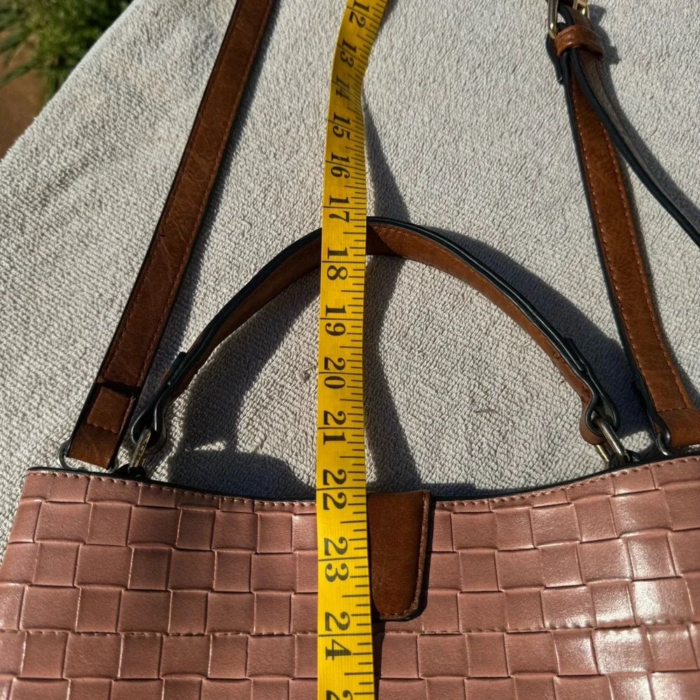 JEN & CO Woven Textured Tote Bag Pink Brown Crossbody Vegan Leather